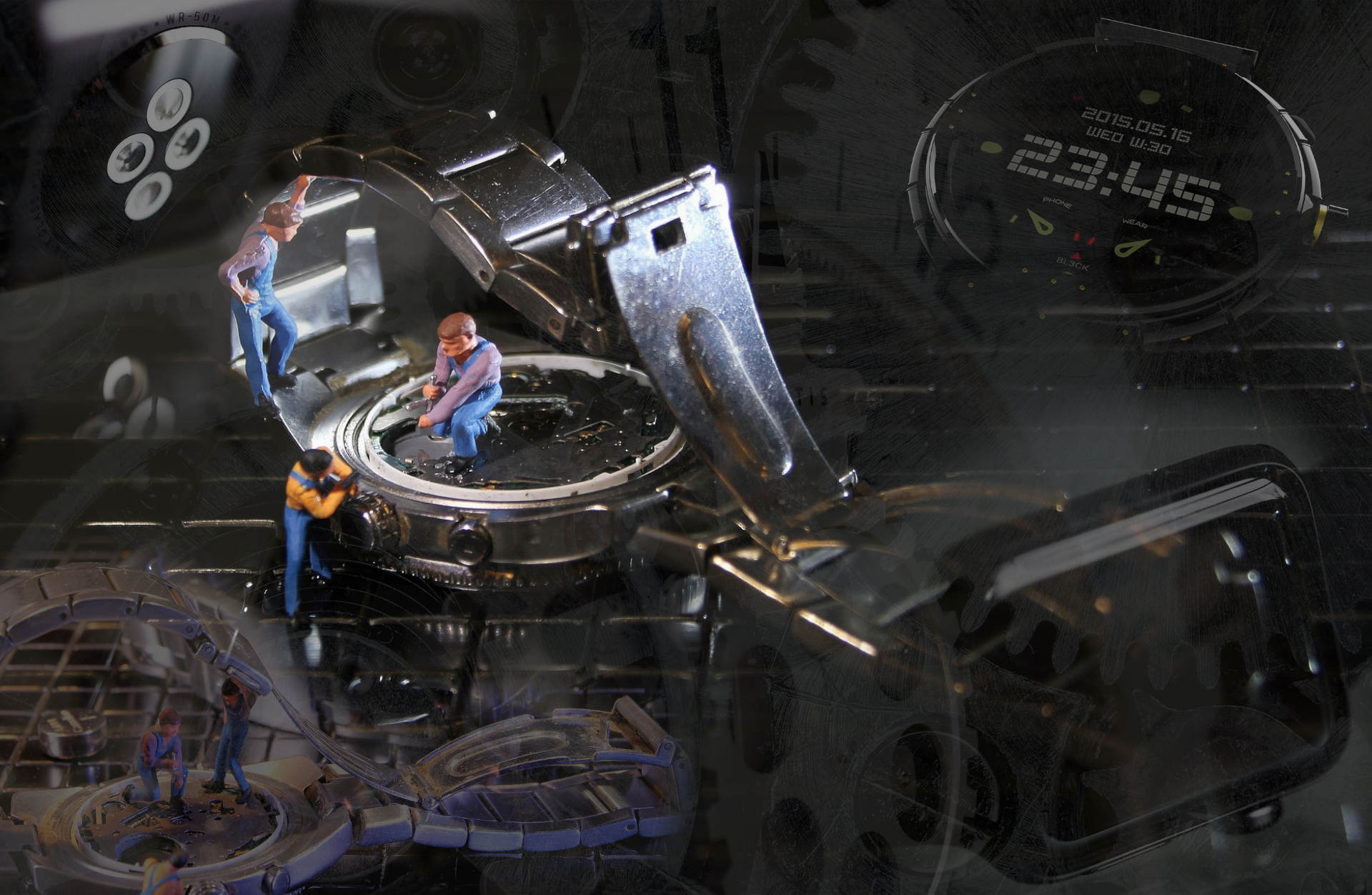 Imagen de un reloj abierto en el que están trabajando mecánicos diminutos sobre varios relojes y engranajes.