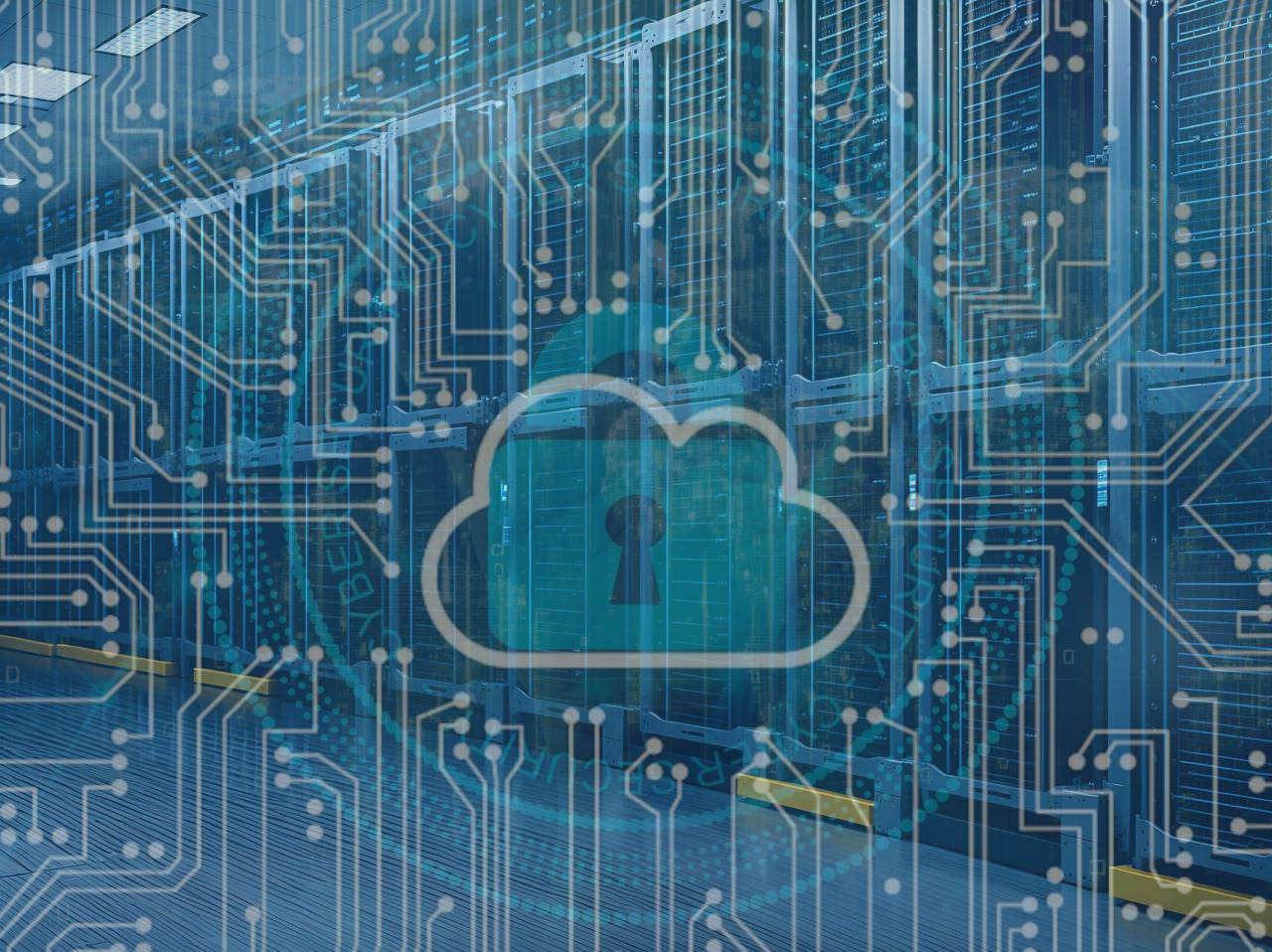 Imagen de un CPD sobre un Cloud con Ciber Seguridad con fondo del Mapa Mundial estilo Matrix