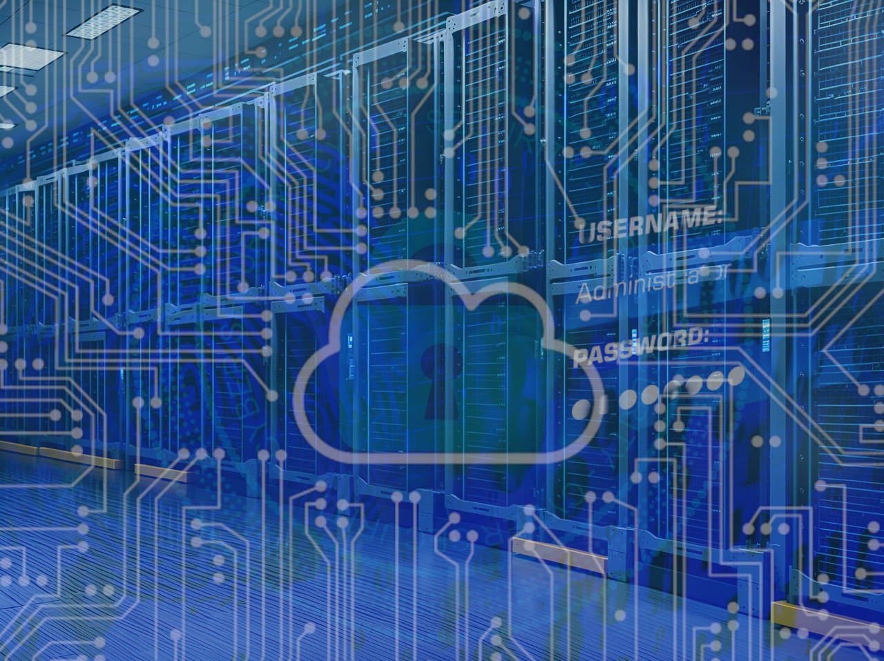 Imagen de un CPD sobre un Cloud con Ciber Seguridad y un Login con Huella Dactilar