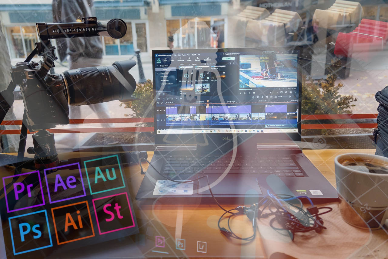 Imagen de un set de Edición de Video sobre un tablero de mediciones, iconos de Adobe y una bombilla de Idea